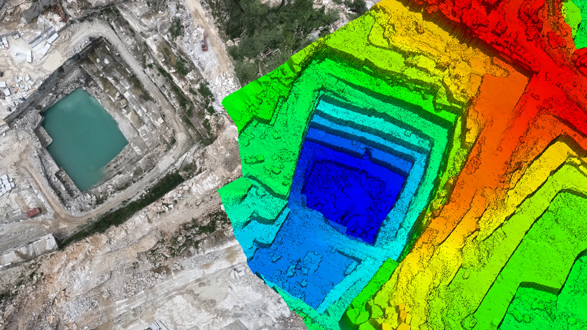 Triangulation viewport showing drone imagery reconstructed into a dense point cloud