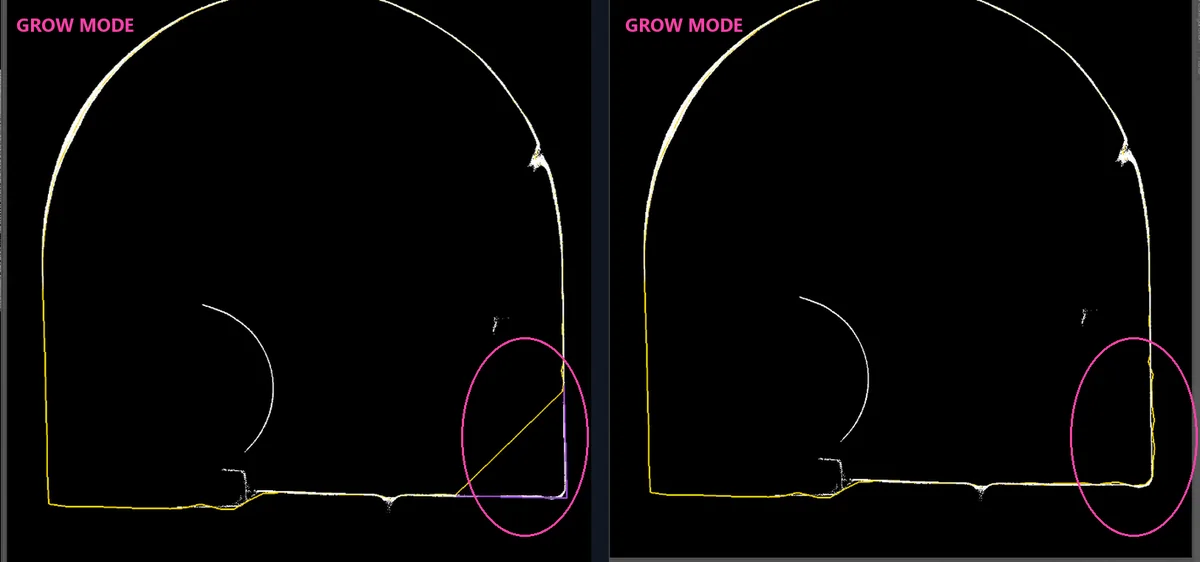 Grow pen correcting a traced corner: before and after